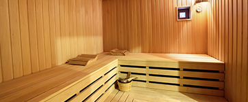 The interior of the sauna - shelves, window, lamp, nobody